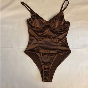 Under Wire Satin Bodysuit Brown Women Size Small NWOT